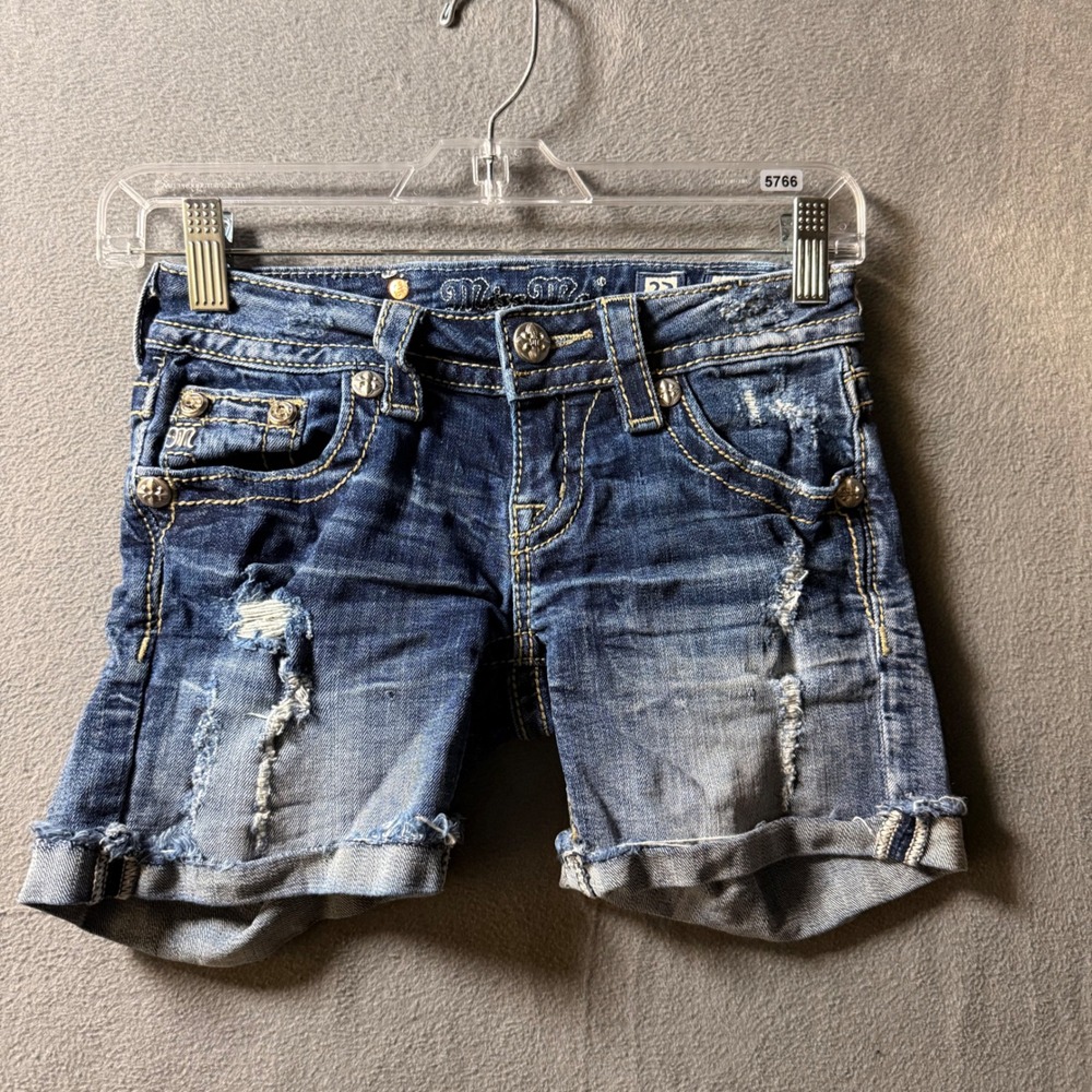 Miss Me Signature Short Distressed Denim Embroidered Jean Shorts Size 23 Blue